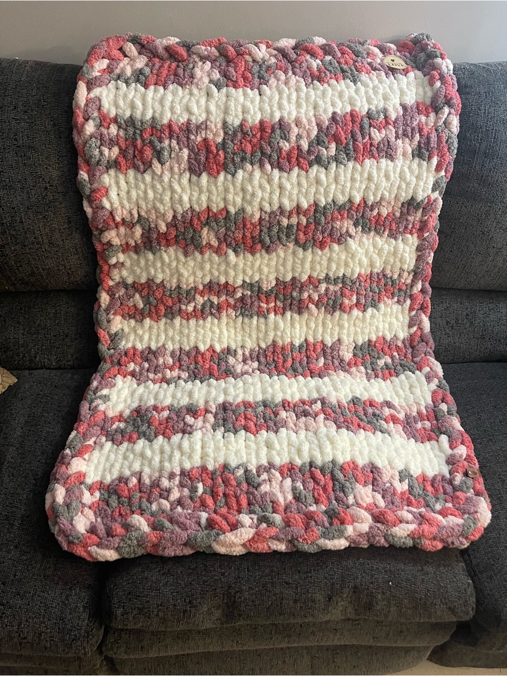 Chunky Plush hand-knitted Baby Blanket - Pink, White & Grey Size: 30” x 45”